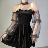 Bjlxn Gothic Sexy Dress Vintage Off Shoulder Lantern Sleeve Mesh Patchwork Mini Dress Dark Street Black Dress Female