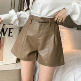 Black Women's PU Leather Shorts with Belted High Waist Ladies Elegant Short Trousers Female