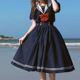 Bjlxn Harajuku Sailor Collar Navy Dress Japanese Lolita Sweet Bow-knot Girl Retro Cotton Kawaii Preppy Style Short Sleeve Dress Women - Bjlxn