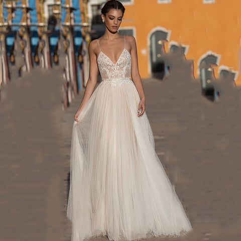 Bjlxn Eightree Beach Wedding Dress Boho vestido de noiva Bohemian Lace Bridal Dress Backless Spaghetti Straps V Neck Wedding Gowns
