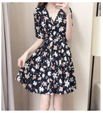 Chiffon print dress women retro waist three-quarter sleeve shirt dress loose piece bohemian dress