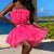 Bjlxn Elegant Mesh Party Dress Women Rose Pink Off Shoulder Bow-knot Dress High Quality Sexy Sleeveless Ball Gown Mini Dress