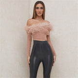 New Fashion Feathers Strapless Off Shoulder Winter Long Sleeve Bandage Bodysuit Women Sexy Fashion Party Bodysuit