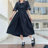 Bjlxn Harajuku Sailor Collar Navy Dress Japanese Lolita Sweet Bow-knot Girl Retro Cotton Kawaii Preppy Style Short Sleeve Dress Women - Bjlxn