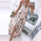 Summer Deep V-Neck Sleeveless Beach Dress Elegant Women Chiffon Split Maxi Party Dress Vintage Floral Print Long Dresses Vestido