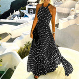 Fashion Sexy Halter Print Pleated Long Dress Women Sweet O Neck Beach Maxi Dress Summer Sleeveless Elegant Boho Party Dress XXL