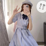 Bjlxn Harajuku Sailor Collar Navy Dress Japanese Lolita Sweet Bow-knot Girl Retro Cotton Kawaii Preppy Style Short Sleeve Dress Women - Bjlxn