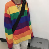 Rainbow Striped Women T Shirts Harajuku Fashion Female Tops Long Sleeves Oversize Woman Tshirt O-Neck Casual Female T-shirts