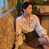 Shirts Women Lantern Sleeve Notched Print Temperament Casual Korean Style French Retro Elegant Hot Sale All-match Ladies Blouses