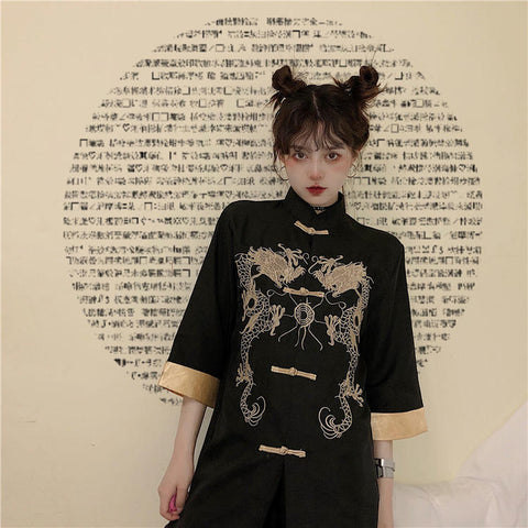 Bjlxn Vintage preppy style gothic lolita shirt embroidery chinese style button victorian shirt kawaii girl lolita top loli cosplay