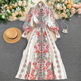 Runway Autumn Spring Vintage Long Sleeve Print Floral High Waist Boho A-Line Party Maxi Dress Elegant Luxury Dresses Women