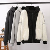 Bjlxn Jacket women solid color hoodies autumn winter imitation lamb wool korean loose plus velvet thick zipper sweatshirt tops - Bjlxn