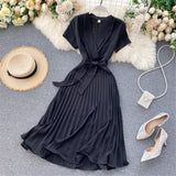 Autumn Fashion New Female Solid Pleated Dress Women V neck Short Sleeves Sashes Long Dresses Summer Streetwear Vintage