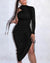Sexy One Shoulder Drawstring Ruched Bodycon Dress Women Solid Long Sleeve Mid-calf Night Club Party Dress - Bjlxn