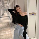 New Spring Summer Women Casual Loose V-neck Knitted Long Sleeve T-shirt Autumn Sexy Club Solid Off Shoulder Thin Crop Tops Shirt