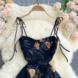 Summer Vintage Beach Long Dress Women Fashion Print Floral Spaghetti Strap Backless Split Dress Sexy Club Party Dresses