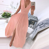 Summer Deep V-Neck Sleeveless Beach Dress Elegant Women Chiffon Split Maxi Party Dress Vintage Floral Print Long Dresses Vestido