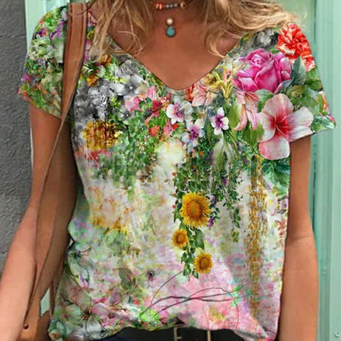 Women Summer T Shirt Vintage Valentines Day Heart Print Short Sleeve Tees Casual Flower Printed Shaped Faded Pullover Tops