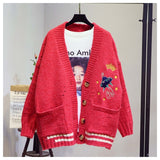 AZYT Women Autumn Winter Knitted Cardigan Cartoon Embroidery Oversize Sweater Coat Harajuku Loose Elegant V Neck Women Cardigans - Bjlxn