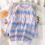 Autumn Winter Women Rainbow Sweaters Tie Dye Pullover O-Neck Long Loose Striped Korean Jumpers Candy Color Oversized Female Tops - Bjlxn