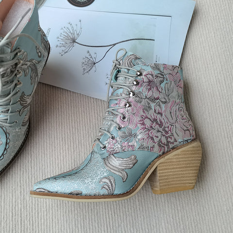 Women ankle boots plus size 22-28cm women shoes Chinese style embroidered flowers blue boots Fortune Flower women boots 7 colors