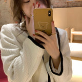 Korean Female White Tweed Basic Jacket Coat Women Clothing Outerwear Coats Channel Style Suit Cropped Stripeed Kawaii Channel