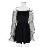 Bjlxn Gothic Sexy Dress Vintage Off Shoulder Lantern Sleeve Mesh Patchwork Mini Dress Dark Street Black Dress Female