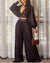 Bjlxn Ladies Long Sleeved Black V-Neck Top Loose Stitching Pleated Wide Leg Pants Two-Piece Set