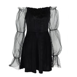 Bjlxn Gothic Sexy Dress Vintage Off Shoulder Lantern Sleeve Mesh Patchwork Mini Dress Dark Street Black Dress Female