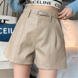 Black Women's PU Leather Shorts with Belted High Waist Ladies Elegant Short Trousers Female