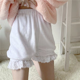 Winter Cute Lolita Girls Warm Velvet Shorts Sweet High Waist Lace Women's Plush Shorts Summer Kawaii Bloomers Shorts Pink White - Bjlxn