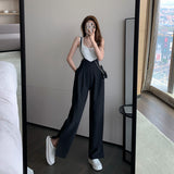 Women Summer Fashion Strap Wide-leg Pants Jumpsuit Casual Loose Drape Split Trousers High Waist Bodysuit Sling One-piece Pants