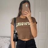 Vintage Letter Print Sexy Crop Tops Women Casual Short Sleeve Cotton Pullover Tees Summer Slim Streetwear T-shirt Woman