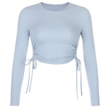 Casual Solid O-Neck Long Sleeve Crop Top Women Side Drawstring Ruched White T-Shirt Female Tee Shirt Top For Women Clothing