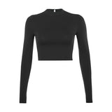 Casual Solid O-Neck Long Sleeve Crop Top Women Side Drawstring Ruched White T-Shirt Female Tee Shirt Top For Women Clothing