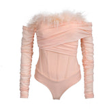 New Fashion Feathers Strapless Off Shoulder Winter Long Sleeve Bandage Bodysuit Women Sexy Fashion Party Bodysuit