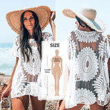 White Crochet Bikini Cover Up with Fringe Trim Women Sexy Hollow Tunic Beach Dress Summer Bathing Suit Beachwear