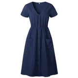 Cotton Linen Women Summer Dress 2022  Casual V-neck Button Pocket Short Sleeve A-line Midi Dresses For Women Vestidos - Bjlxn