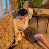 Shirts Women Lantern Sleeve Notched Print Temperament Casual Korean Style French Retro Elegant Hot Sale All-match Ladies Blouses