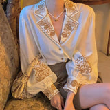 Shirts Women Lantern Sleeve Notched Print Temperament Casual Korean Style French Retro Elegant Hot Sale All-match Ladies Blouses