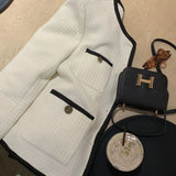 Korean Female White Tweed Basic Jacket Coat Women Clothing Outerwear Coats Channel Style Suit Cropped Stripeed Kawaii Channel