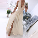 Summer Deep V-Neck Sleeveless Beach Dress Elegant Women Chiffon Split Maxi Party Dress Vintage Floral Print Long Dresses Vestido