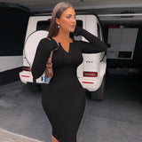 Ribbed Knitted Women Midi Dress Solid Long Sleeve Buttons O Neck Bodycon Sexy Party Elegant  Autumn Winter Club