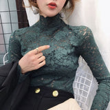 Autumn Women Thin Black Lace T shirt Sexy Turtleneck Long Sleeve Slim Lace Crochet Patchwork Tee Tops WDC6074