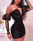 Women Bodycon Dress Sexy Off Shoulder V neck Night Club Mini Dress Glitter Mesh Splicing Party Dress