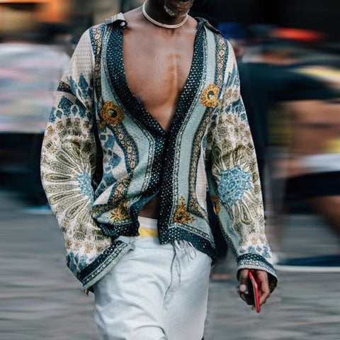 Men Printing Shirt Long Sleeve Turn Down Collar Streetwear Ethnic Style Tops Button Casual Tideway Camisa Masculina