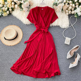 Autumn Fashion New Female Solid Pleated Dress Women V neck Short Sleeves Sashes Long Dresses Summer Streetwear Vintage