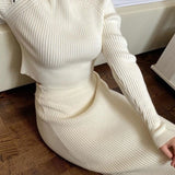 Simplee Elegant stripe two piece dress White round neck knit dress High waist street style Autumn winter dress two piece set - Bjlxn