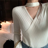 Bjlxn Fall/winter Slim Pullover Sexy Cross Hanging Neck V-neck Knitted Bottoming Shirt Long Sleeve Women Fashion Sweater 18078