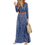 Bjlxn Womens Long Dress Summer V-neck Boho Belted Maxi Dress Casual Sexy Party Dress Ladies Bohemian Beach Holiday Sundress